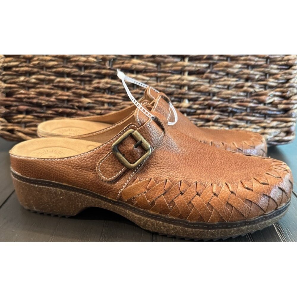 Brioso Jordyn Size 10 Leather Mules Clogs Buckle Adjustable Strap Weave Womens